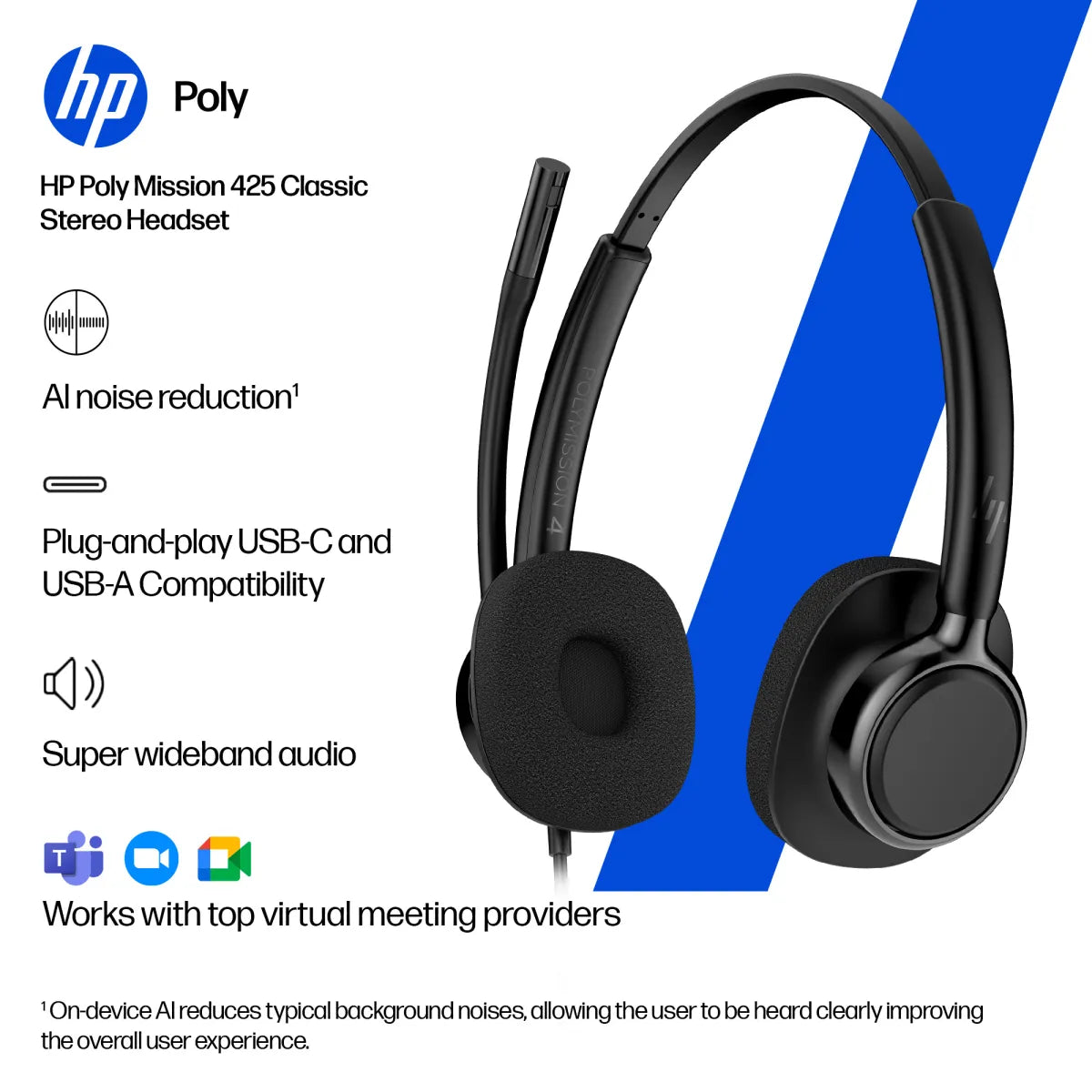 Бизнес слушалки HP Poly Mission 425 Stereo USB Wired Headset WW