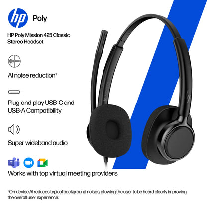 Бизнес слушалки HP Poly Mission 425 Stereo USB Wired Headset WW