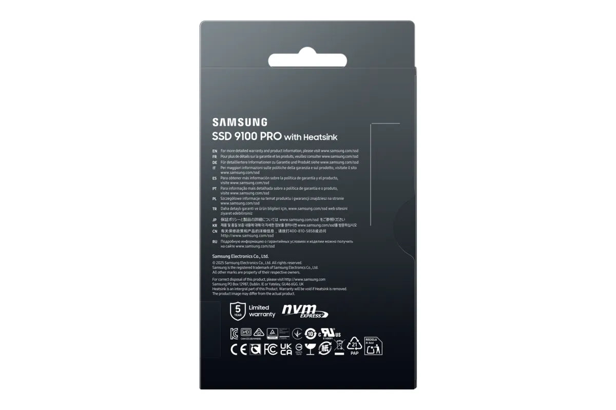 Вътрешни SSD Samsung 9100 PRO SSD Heatsink NVMe M.2 1TB PCIe 5.0 14.700 MB/s Read 13.300 MB/s Write Internal SSD for PC-Gaming and video editing