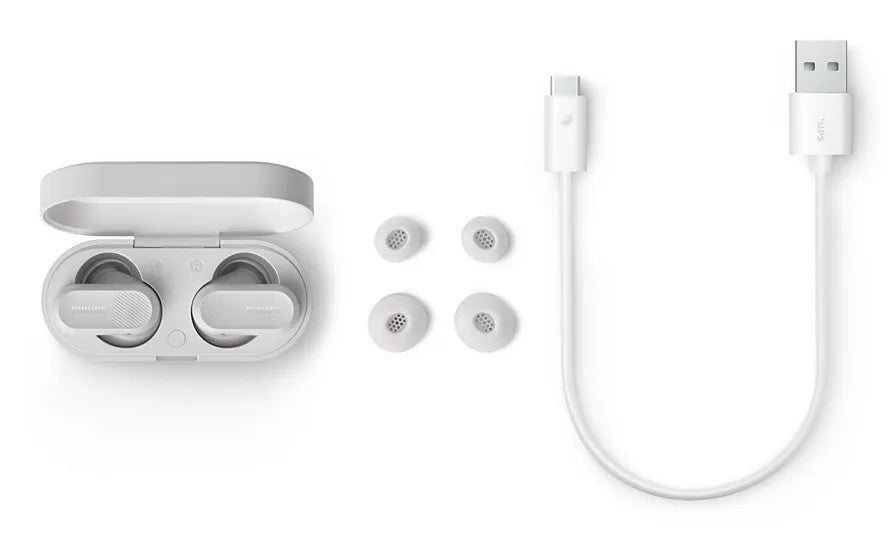 PHILIPS True Wireless Earbuds IPX4 Make calls using a single earbud Up to 24 hours play time white