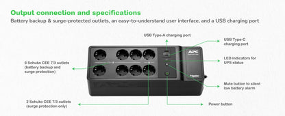 Защита на захранването от пренапрежение APC Back-UPS UPS wall mountable / surface mountable AC 230V 600Watt 1050VA output connectors 10