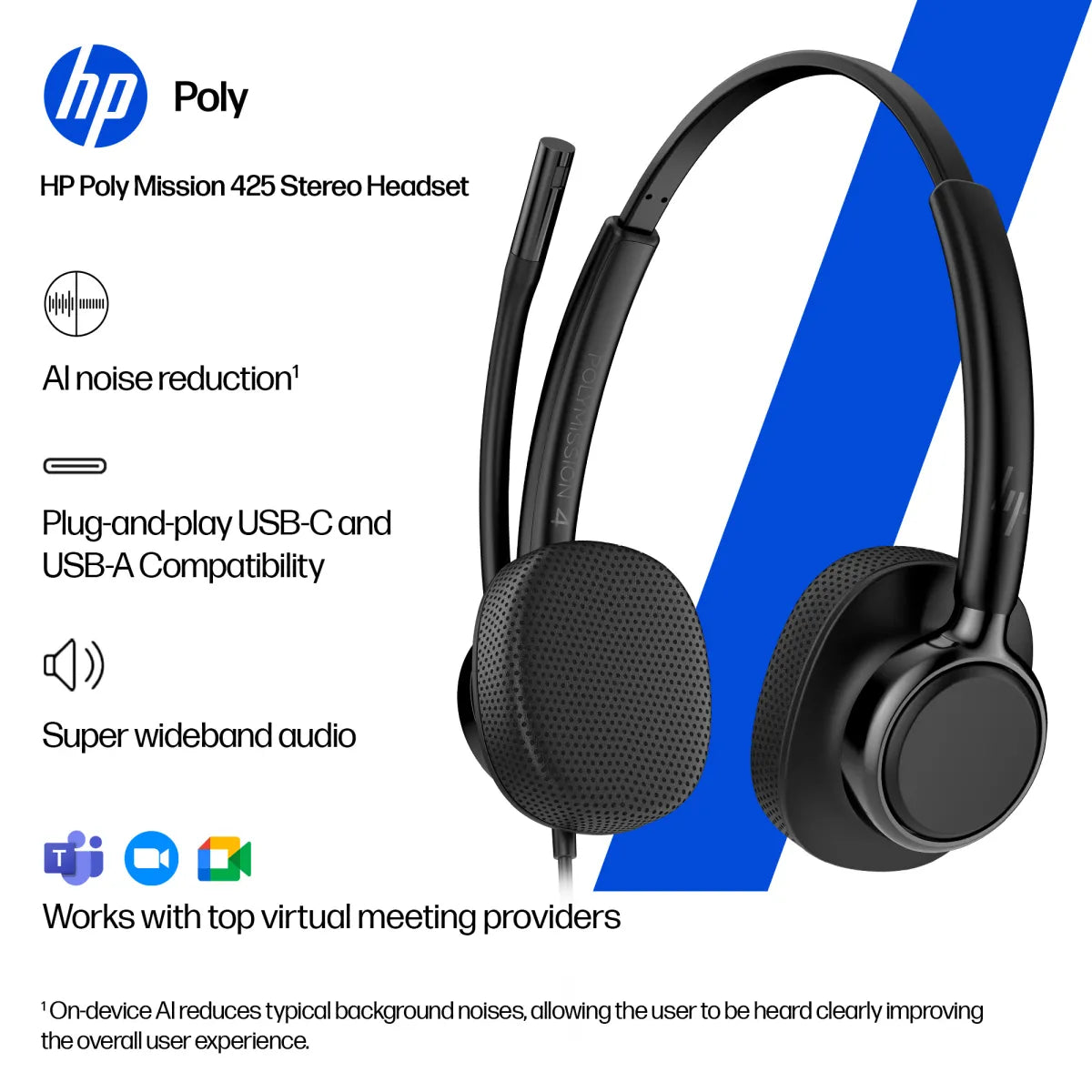 Бизнес слушалки HP Poly Mission 425 Stereo USB Wired Headset WW