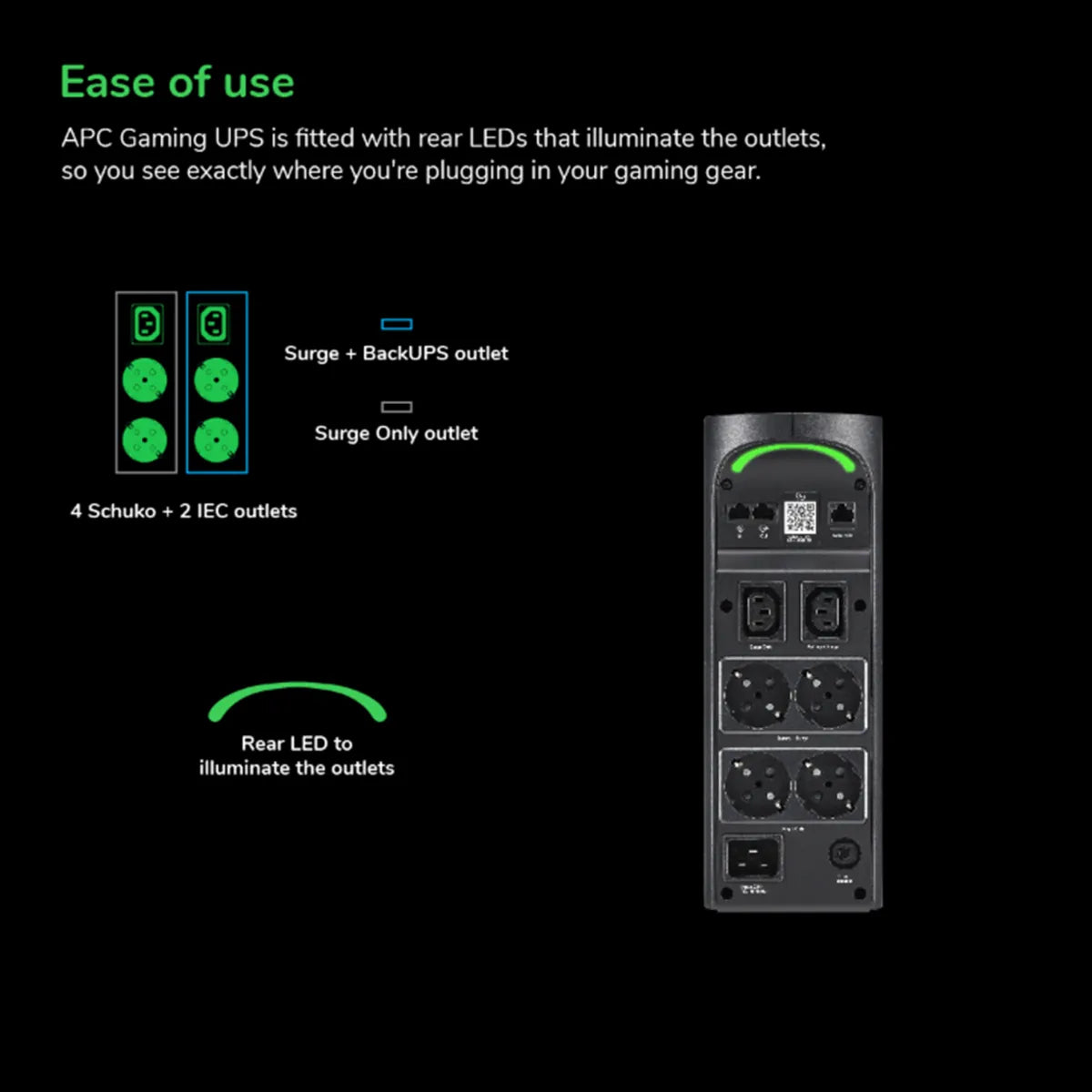 Line Interactive UPS тип кула APC Back-UPS Pro UPS tower RGB lights AC 230V 1320Watt 2200VA 1-phase output connectors 6 Black midnight