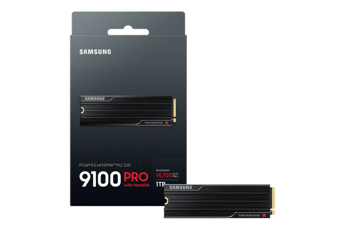 Вътрешни SSD Samsung 9100 PRO SSD Heatsink NVMe M.2 1TB PCIe 5.0 14.700 MB/s Read 13.300 MB/s Write Internal SSD for PC-Gaming and video editing