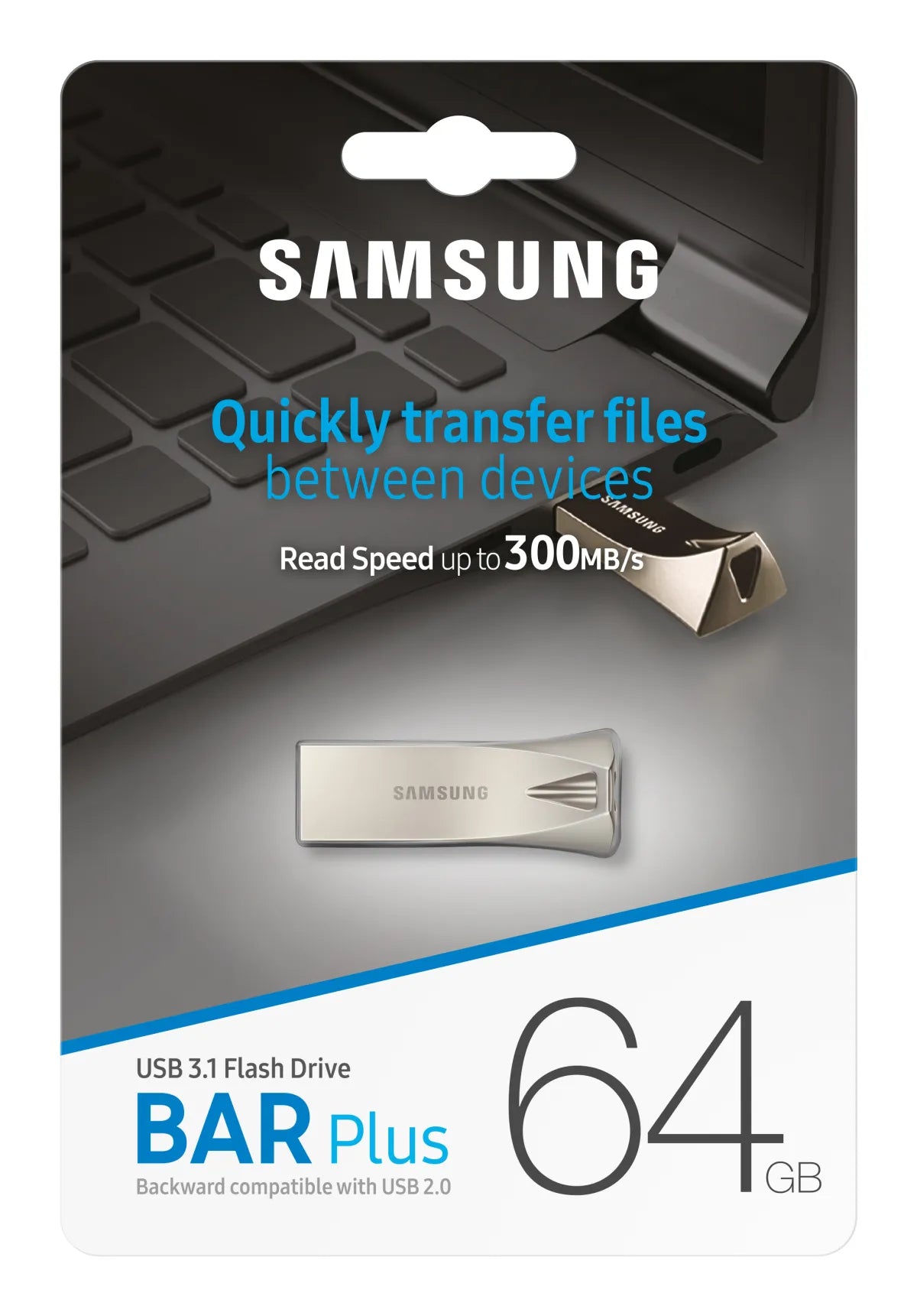 Памет USB Samsung BAR Plus USB Type-A 64GB 300 MB/s read 110 MB/s write resistant USB 3.1 Champagne Silver with key ring