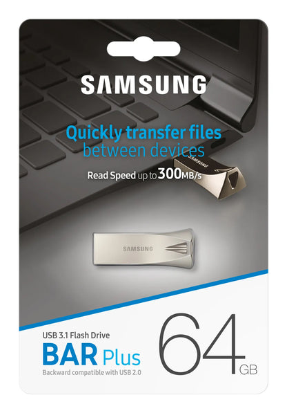 Памет USB Samsung BAR Plus USB Type-A 64GB 300 MB/s read 110 MB/s write resistant USB 3.1 Champagne Silver with key ring