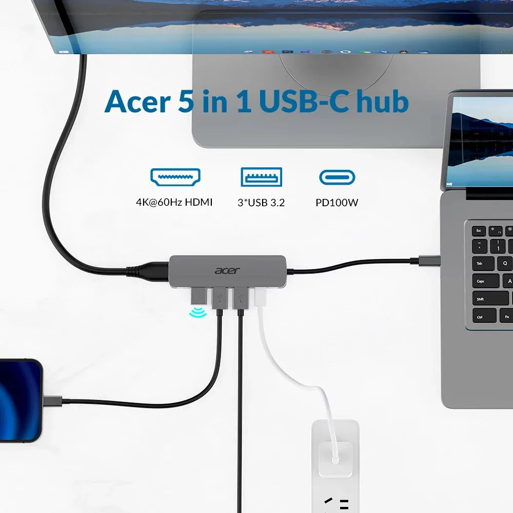 USB хъбове Acer 5in1 TYPE C DONGLE 3x USB 3.0 5Gbps 1x HDMI 4K 1x TYPE C 100W PD