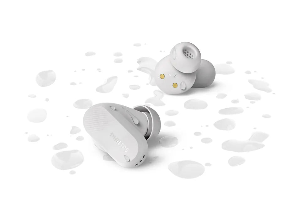 PHILIPS True Wireless Earbuds IPX4 Make calls using a single earbud Up to 24 hours play time white