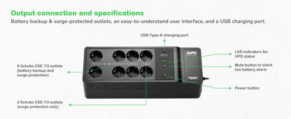 Line Interactive UPS тип кула APC Back-UPS UPS wall mountable / surface mountable AC 230V 300Watt 500VA output connectors 8